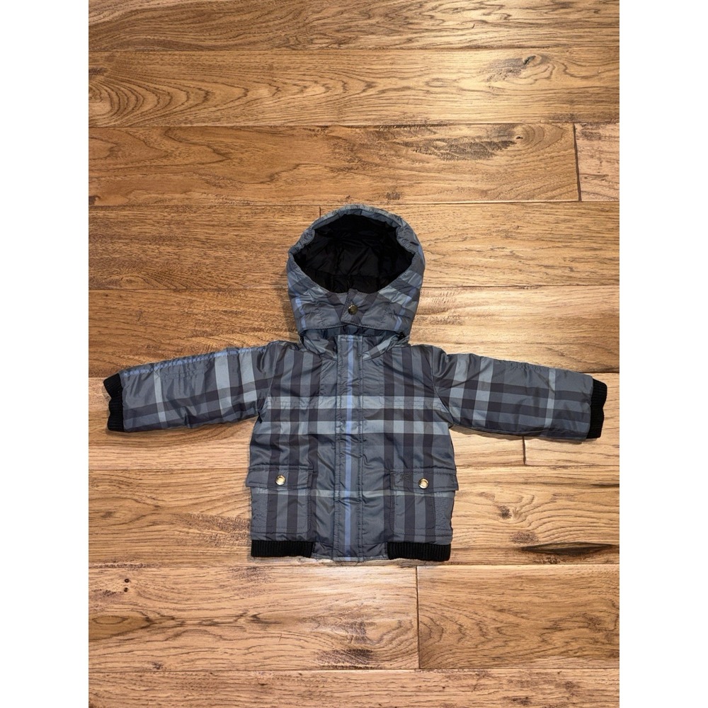 Burberry Baby Boys Blue Plaid Winter Puffer Hooded Jacket Coat Blue 9 Months